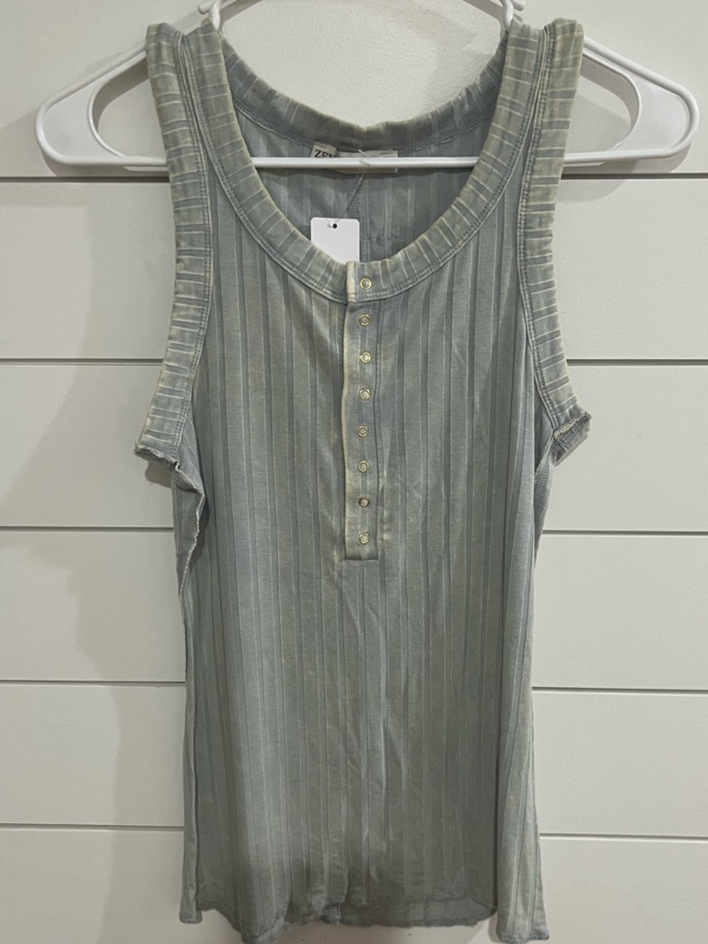 Zenana Outfitters GrayGreen Ribbed Henley Tank